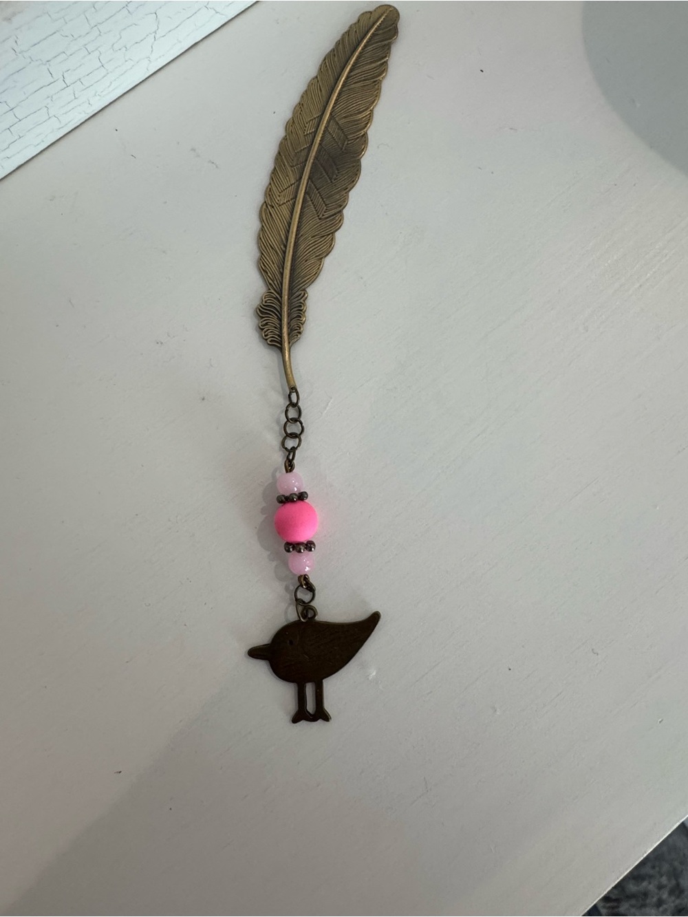 Bronze Feather Bookmark with Pink Bead Bird Charm